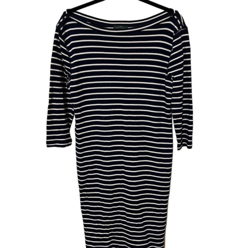 RLR Ralph Lauren MIDI Length white and Blue Stripped Dress Size Medium
